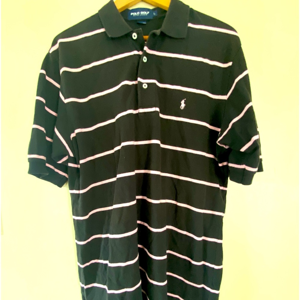 Ralph Lauren cotton polo shirt. Striped, notched hem, s/s. L. Mens